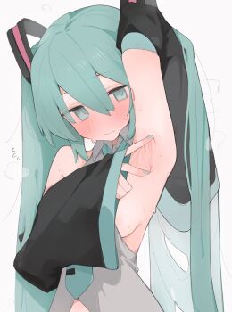 armpit_crease armpit_focus armpits blue_eyes blue_hair blush detached_sleeves hatsune_miku highres long_hair mikozin presenting_armpit solo spread_armpit sweat sweatdrop twintails vocaloid white_background