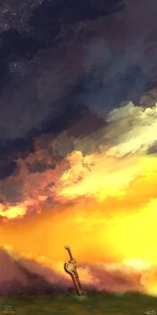 artist_name cloud dusk field grass highres monado monolith_soft night night_sky no_humans planted planted_sword planted_weapon sky star_(sky) still_life sword toosut0 twitter_username weapon xeno_(series) xenoblade_chronicles_(series) xenoblade_chronicles_1