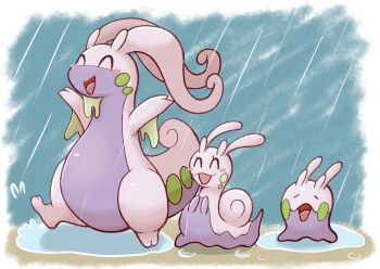 arms_up closed_eyes commentary_request evolutionary_line full_body gen_6_pokemon goodra goomy happy highres natu_and_popo nintendo no_humans open_mouth outdoors pokemon pokemon_(creature) puddle rain sliggoo