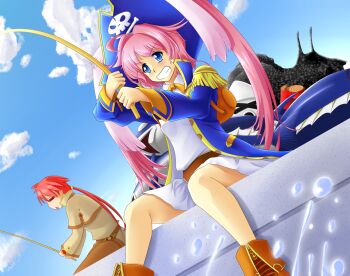 &gt;_&lt; 1boy 1girl blue_coat blue_eyes boots breasts brown_boots captain_vanilla closed_eyes cloud coat dress dutch_angle epaulettes fishing fishing_rod fringe_trim galzoo_island grin hat holding holding_fishing_rod leopold_maala mottio open_clothes open_coat pirate pirate_hat red_hair sitting small_breasts smile solo_focus white_dress