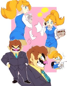 1boy 1girl blue_eyes blue_skirt brown_hair business_suit cutie-png facial_hair formal_clothes grin hands_in_pockets highres long_hair mona_(warioware) multiple_views mustache necktie nintendo office_lady orange_hair ponytail skirt smile suit thick_eyebrows wario warioware
