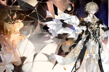 1boy alternate_costume blonde_hair blue_eyes boots cape crystal_shards frills full_body hair_between_eyes highres liulianjingrua long_sleeves looking_at_viewer male_focus original pants shards short_hair solo