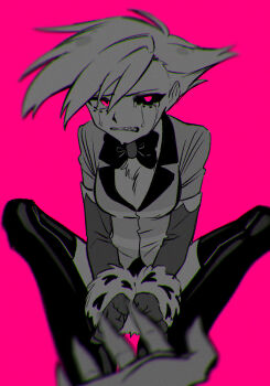 2boys absurdres ahoge angel_dust bad_id bad_pixiv_id blurry blurry_foreground boots bow bowtie chromatic_aberration clenched_teeth colored_sclera crying crying_with_eyes_open cuffs elbow_gloves facial_mark film_grain fuzzy_handcuffs gloves greyscale_with_colored_background hair_behind_ear hair_between_eyes handcuffs hazbin_hotel heart heart_print hellaverse highres humanization knees_apart_feet_together knees_up lapels looking_at_viewer male_focus menma_(enaic31) mismatched_pupils mismatched_sclera multiple_boys notched_lapels pink_background pink_eyes pov pov_hands sharp_teeth shirt short_hair short_shorts shorts simple_background striped_clothes striped_shirt tears teeth thigh_boots traditional_bowtie two-tone_shirt v_arms valentino_(hazbin_hotel) very_short_hair