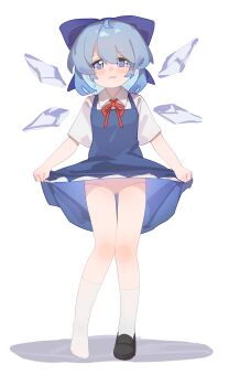 1girl absurdres black_shoes blue_bow blue_dress blue_eyes blue_hair blush bow cameltoe cirno clothes_lift collared_shirt detached_wings dress dress_lift full_body gumingdi_ban hair_bow highres ice ice_wings lifting_own_clothes loafers loli looking_at_viewer medium_hair neck_ribbon open_mouth paid_reward_available panties pinafore_dress pink_panties red_ribbon ribbon shirt shoes single_shoe sleeveless sleeveless_dress socks solo touhou underwear white_shirt white_socks wings