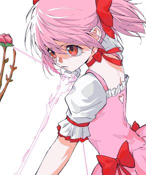 1girl absurdres ako_(eanaaati1) bow bow_(weapon) bow_choker choker closed_mouth clothing_cutout commentary drawing_bow dress dress_bow from_side gloves hair_ribbon heart_cutout highres holding holding_bow_(weapon) holding_weapon kaname_madoka kaname_madoka_(magical_girl) magical_girl mahou_shoujo_madoka_magica mahou_shoujo_madoka_magica_(anime) pink_dress pink_hair puffy_short_sleeves puffy_sleeves red_choker red_eyes red_ribbon ribbon ribbon_choker short_hair short_sleeves short_twintails simple_background solo symbol-only_commentary twintails upper_body weapon white_background white_gloves