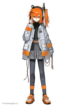 1girl a.i._voice adachi_rei android arm_at_side belt black_shirt cable camera closed_mouth commentary copyright_notice drawstring expressionless full_body gloves grey_skirt hair_between_eyes hair_ornament hair_ribbon hairclip headphones headset highres holding holding_cable hood hood_down hooded_jacket jacket long_sleeves looking_at_viewer medium_hair merchandise_available microphone number_print official_art one_side_up open_clothes open_jacket orange_belt orange_eyes orange_hair orange_shoes ribbon shirt shoes simple_background skirt sneakers solo standing tekito_midori turtleneck white_background white_gloves white_jacket white_ribbon