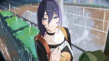 1girl absurdres backpack bag black_choker black_shirt blue_eyes blue_hair bush chainsaw_man choker closed_mouth cosplay daaku_(koizumi_arata) flower grenade_pin hair_between_eyes highres holding holding_flower hololive hololive_english looking_at_viewer multicolored_shirt ouro_kronii phone_booth reze_(chainsaw_man) reze_(chainsaw_man)_(cosplay) shirt smile solo virtual_youtuber white_shirt