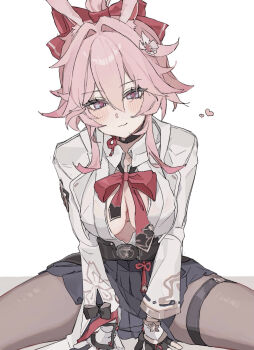 1girl animal_ears black_pantyhose black_skirt blush bow bowtie breasts cleavage coa_(35_seno) commentary evanescia_(honkai:_star_rail) flower fox_ears fox_girl hair_flower hair_ornament heart highres honkai:_star_rail honkai_(series) large_breasts looking_at_viewer pantyhose pink_hair pleated_skirt purple_eyes red_bow red_bowtie shirt short_hair_with_long_locks simple_background skirt smile solo white_background white_shirt