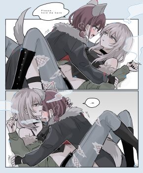 2girls absurdres animal_ears bite_mark bite_mark_on_shoulder black_camisole black_jacket black_nails blue_eyes breasts brown_hair camisole cigarette commentary fake_animal_ears fake_tail girls_band_cry grey_hair hamchan69 highres holding holding_cigarette iseri_nina jacket kawaragi_momoka long_hair low_twintails medium_breasts midriff multicolored_hair multiple_girls nail_polish open_mouth pants roots_(hair) short_hair short_twintails tail thigh_strap torn_clothes torn_pants twintails yuri