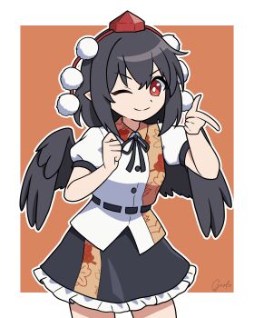 Rule 34 | 1girl, absurdres, black hair, black ribbon, black skirt, black wings, collared shirt, commentary request, feathered wings, frilled skirt, frills, garloo, hat, highres, leaf print, looking at viewer, multicolored shirt, multicolored skirt, neck ribbon, outline, pointy ears, pom pom (clothes), print shirt, print skirt, puffy short sleeves, puffy sleeves, red eyes, red hat, ribbon, shameimaru aya, shirt, short sleeves, signature, skirt, solo, tokin hat, touhou, white outline, white shirt, wings