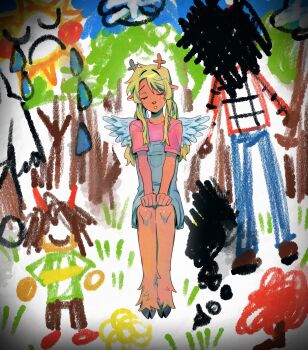 angel_wings animal_ears antlers blonde_hair brown_fur commentary december_holiday deer_antlers deer_ears deer_girl deltarune denim_overalls drawing_(object) english_commentary furry furry_female goomyloid highres hooves horns kris_(deltarune) long_hair noelle_holiday pink_shirt red_horns shirt sitting solo_focus sun tail tears tree twintails utdr_(toby_fox) white_wings wings