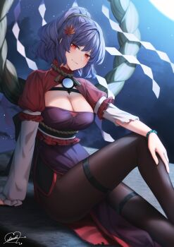 1girl breasts cleavage full_moon highres looking_at_viewer mirror mitama_mudimudi moon night night_sky pantyhose purple_hair red_eyes short_hair sitting sky smile solo touhou yasaka_kanako