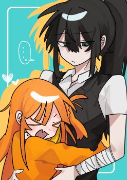 &gt;_&lt; ... 2girls :/ absurdres aqua_background artist_request bandaged_wrist bandages black_hair black_vest blunt_bangs border closed_mouth collared_shirt colored_shadow commission double-parted_bangs drop_shadow expressionless facing_to_the_side fang green_eyes hair_between_eyes hands_on_another&#039;s_back happy heart height_difference highres hug inset_border jaggy_lines jitome long_hair looking_at_another multiple_girls open_mouth orange_hair orange_sweater original outside_border ponytail second-party_source shadow shirt short_sleeves simple_background spoken_ellipsis sweater upper_body v-shaped_eyebrows vest white_border white_shirt wing_collar