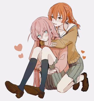 2girls black_socks blue_eyes blush bocchi_the_rock! commentary_request cube_hair_ornament djn gotoh_hitori green_eyes hair_between_eyes hair_ornament heart highres hug hug_from_behind hugging_own_legs jacket kita_ikuyo kneehighs kneeling knees_up loafers long_hair long_sleeves multiple_girls one_side_up open_mouth pink_hair pink_jacket red_hair sailor_collar school_uniform shirt shoes simple_background sitting skirt socks sweater track_jacket white_background white_socks yuri