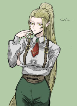 1girl blonde_hair breasts fire_emblem fire_emblem_engage hair_slicked_back high_ponytail highres jade_(fire_emblem) large_breasts long_hair looking_at_viewer machi_yu nintendo ponytail sidelocks solo suspenders very_long_hair yellow_eyes