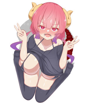 1girl absurdres annoyed bare_shoulders bikini black_bikini black_shirt black_thighhighs blush breasts clothes_lift collarbone double_v dragon_girl dragon_horns embarrassed eyelashes female_focus from_above full-face_blush gradient_hair hands_up hatenamaru highres horns huge_breasts ilulu_(maidragon) kobayashi-san_chi_no_maidragon large_variant_set long_hair looking_at_viewer looking_up low_twintails multicolored_hair off-shoulder_shirt off_shoulder open_mouth purple_hair red_eyes red_hair shirt shirt_lift short_sleeves shortstack simple_background sitting solo swimsuit t-shirt teeth thigh_gap thighhighs tsundere twintails two-tone_hair v variant_set w_arms wariza white_background