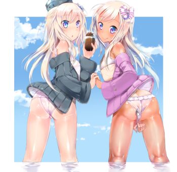2girls :o :q ass bare_shoulders bikini blonde_hair blue_sky blush bow butt_crack closed_mouth cloud coat day flat_chest food frilled_bikini frills green_coat hair_bow holding holding_food holding_spoon ice_cream interlocked_fingers kantai_collection leaning_forward loli long_hair long_sleeves looking_at_viewer looking_back multiple_girls off_shoulder one-piece_swimsuit one-piece_tan open_clothes open_coat outdoors outside_border p_answer parted_lips pink_coat ro-500_(kancolle) ro-500_(swimsuit)_(kancolle) sky spoon swimsuit swimsuit_under_clothes tan tanline tareme thighs tongue tongue_out u-511_(kancolle) white_bikini white_bow white_one-piece_swimsuit