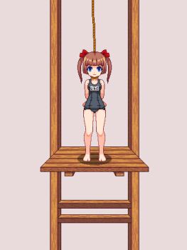 1girl animated animated_gif asphyxiation blue_eyes bound bow brown_hair death execution guro hair_bow hanged lowres noose peeing pixel_art school_swimsuit swimsuit twintails vvindowsme
