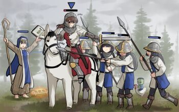 6+girls absurdres age_of_empires_(series) age_of_empires_ii animal armored_boots barefoot bird black_hair book boots breasts brown_hair cat_baguette_(popopoka) chicken chicken_(minecraft) chicken_jockey_(meme) english_text fighting genderswap genderswap_(mtf) hair_over_eyes highres holding holding_book holding_polearm holding_sword holding_weapon horse knight_(age_of_empires_ii) large_breasts long_sleeves meme minecraft monk_(age_of_empires_ii) multiple_girls open_book open_mouth polearm popopoka riding shield shield_on_back short_hair spearman_(aoe2) staff standing sword tree weapon zombie zombie_(minecraft)