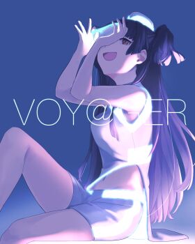 1girl armpits arms_up beaky45779868 black_hair blue_background blunt_bangs blush breasts brown_eyes from_side garrison_cap hat highres holding idolmaster idolmaster_shiny_colors knee_up long_hair looking_at_viewer mayuzumi_fuyuko medium_breasts midriff navel open_mouth shirt shorts side_slit simple_background sitting sleeveless sleeveless_shirt smile solo two_side_up voy@ger_(idolmaster) white_shirt white_shorts