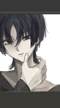 Rule 34 | 1boy, black eyes, black hair, black shirt, border, commentary request, eyes visible through hair, genshin impact, grey border, hair between eyes, hair over one eye, hand up, head tilt, highres, korean commentary, letterboxed, looking at viewer, male focus, open hand, parted lips, portrait, scaramouche (genshin impact), shirt, solo, talking ok, tsurime, unfinished, white background, wispy bangs