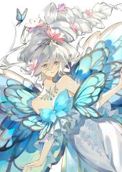 Rule 34 | 1girl, absurdres, bare shoulders, blue butterfly, blue eyes, blue wings, braid, breasts, bug, butterfly, butterfly wings, cleavage, collarbone, cowboy shot, dress, final fantasy, final fantasy xiv, flower, frilled dress, frills, genderswap, genderswap (otf), hair flower, hair ornament, highres, insect, insect wings, jewelry, long hair, looking at viewer, mumomomomo, necklace, off-shoulder dress, off shoulder, procreate (medium), signature, simple background, single braid, smile, solo, tiara, titania (final fantasy), updo, white background, white dress, white hair, wings