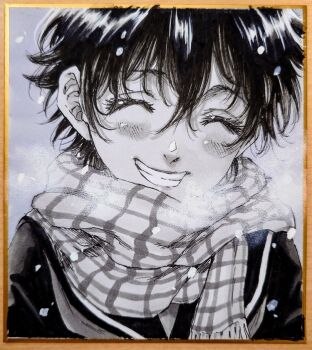 1girl blush breath choppy_bangs commentary_request facing_viewer greyscale grin hair_between_eyes happy long_bangs makomako1061 monochrome original photo_(medium) plaid_clothes plaid_scarf scarf shikishi shirt short_hair smile snowing solo traditional_media upper_body