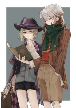 Rule 34 | 1girl, 1other, black capelet, black hat, black shorts, blue vest, border, brown hair, brown jacket, brown shorts, capelet, closed mouth, fedora, feet out of frame, gauze, gauze on knee, green scarf, grey background, grey eyes, grey hair, grey sweater, hair bun, hand in pocket, hat, highres, holding, holding menu, holding suitcase, jacket, karako (red-tea), looking at object, medicine pocket, medicine pocket (the cosmos photographer), medium hair, menu, multicolored hair, official alternate costume, outside border, pinstripe jacket, pinstripe pattern, red sweater, reverse:1999, scarf, short hair, short shorts, shorts, single side bun, striped clothes, striped jacket, suitcase, sweater, two-tone hair, vertical-striped clothes, vertical-striped jacket, vertin (reverse:1999), vest, white border, yellow eyes