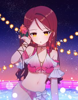 1girl bad_id bad_pixiv_id bikini bikini_skirt bow bow_bikini braid breasts choker cross-laced_armwear detached_sleeves flower gradient_sleeves hair_flower hair_ornament tucking_hair highres liri_(liri_guilty) long_hair looking_at_viewer love_live! love_live!_sunshine!! medium_breasts navel night open_mouth parted_lips pink_bikini pink_flower pink_rose pool red_hair rose sakurauchi_riko see-through_clothes see-through_skirt short_sleeves single_bang skirt sky solo star_(sky) starry_sky swimsuit twilight waist_bow white_bow yellow_eyes