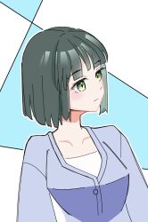 Rule 34 | 1girl, :|, blue background, blue cardigan, blunt bangs, blunt ends, blush, cardigan, closed mouth, collarbone, green eyes, green hair, highres, link! like! love live!, looking to the side, love live!, mantle (working 1220), momose ginko, official alternate costume, shirt, short hair, solo, two-tone background, upper body, virtual youtuber, white background, white shirt