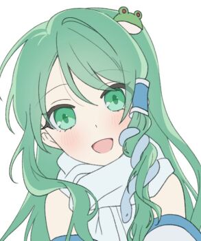 1girl blush commentary detached_sleeves frog_hair_ornament green_eyes green_hair hair_ornament hair_tubes kochiya_sanae long_hair looking_at_viewer open_mouth scarf simple_background single_hair_tube smile snake_hair_ornament solo touhou tsuno_no_hito white_background white_scarf