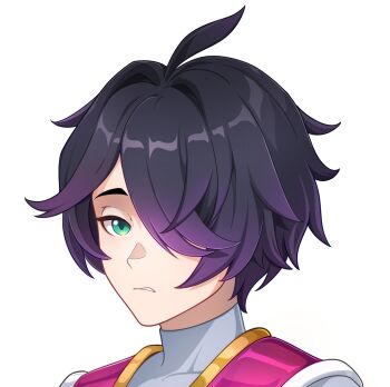 1boy adapted_costume black_hair body_armor bodystocking colored_tips commission commissioner_upload eyelashes green_eyes headshot highres looking_at_viewer mac_(mega_man) mega_man_(series) mega_man_x3 mega_man_x_(series) mega_man_zero_(series) multicolored_hair no_headwear non-web_source purple_hair scowl short_hair solo transparent_background two-tone_hair uta_guipiy