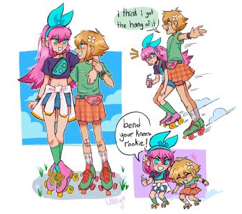 1boy 1girl alternate_costume antenna_hair artist_name aubrey_(faraway)_(omori) aubrey_(omori) bandaid bandaid_on_leg basil_(faraway)_(omori) basil_(omori) black_shirt blonde_hair blue_eyes blush bracelet choker closed_eyes closed_mouth clothes_around_waist cropped_shirt cup denim denim_shorts drinking_straw english_text fanny_pack flower green_shirt green_socks hair_flower hair_ornament hand_on_another&#039;s_head highres holding holding_cup jacket jacket_around_waist jewelry omori open_mouth pleated_skirt roller_skates shirt short_hair short_shorts shorts skates skirt smile socks something_(omori) speech_bubble star_(symbol) star_choker striped_clothes striped_socks t-shirt teeth ullilya1 unmoving_pattern upper_teeth_only white_socks