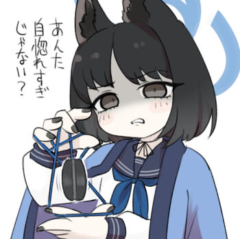 1girl animal_ears black_hair black_nails blue_archive blue_halo blue_neckerchief blush_stickers cat_ears choker disgust empty_eyes grey_eyes grimace halo haori jacket jacket_on_shoulders japanese_clothes kikyou_(blue_archive) long_sleeves looking_at_viewer medium_hair meme miranofuudoria neckerchief open_clothes open_jacket raised_eyebrow revision ribbon_choker school_uniform serafuku shirt short_hair simple_background solo string_play_spider_baby_(meme) translation_request white_background white_shirt yo-yo