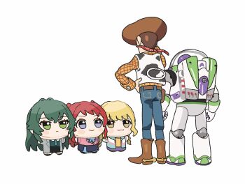 2boys 3girls :3 black_skirt blonde_hair blue_jacket blue_pants blue_skirt boots brown_boots brown_hair brown_hat buzz_lightyear character_doll closed_mouth commentary_request cowboy cowboy_hat dismal_poop doll doll_joints fujita_kotone full_body gakuen_idolmaster green_eyes green_hair green_shirt grey_jacket hanami_saki hand_on_own_hip hat highres idolmaster jacket joints long_hair multiple_boys multiple_girls pants pink_jacket purple_eyes red_hair sheriff_woody shirt short_hair simple_background skirt smile spacesuit stuffed_toy toy_story tsukimura_temari vest western white_background white_vest yellow_eyes yellow_shirt
