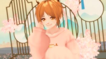 3d animal_ears antlers brown_eyes brown_hair highres horns jackalope long_ears pink_shirt rabbit_ears rabbit_tail ren ren_gao rengao rengaoh shirt short_hair smile usamimi virtual_youtuber