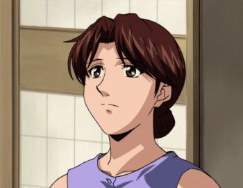 00s 1girl 2001 animated animated_gif brown_eyes brown_hair female_focus hair_bun hikaru_no_go housewife indoors mature_female parted_bangs ponytail purple_vest shindou_mitsuko shirt single_hair_bun sitting solo tagme vest worried