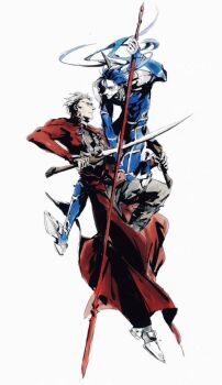 2boys 4istfuerimmer archer_(fate) armor black_bodysuit blue_bodysuit blue_boots blue_hair bodysuit boots brown_eyes chinese_commentary closed_mouth coat commentary_request cu_chulainn_(fate) cu_chulainn_(lancer)_(fate) dagger dark-skinned_male dark_skin earrings fate/stay_night fate_(series) floating_hair flower_knot full_body gae_bolg_(fate) grey_boots hair_between_eyes holding holding_dagger holding_knife holding_polearm holding_weapon jewelry kanshou_&amp;_bakuya_(fate) knife long_hair long_sleeves looking_at_another low_ponytail male_focus multiple_boys open_clothes open_coat pale_skin polearm ponytail red_coat red_eyes short_hair shoulder_armor simple_background smile spear tassel teeth weapon white_background white_hair