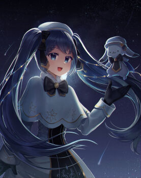 1girl 1other :3 absurdres animal_ears black_bow black_gloves blue_eyes blue_hair bow capelet chabi009 closed_mouth dot_nose gloves gold_trim hair_between_eyes hatsune_miku highres long_hair long_sleeves looking_at_viewer musical_note musical_note_print night night_sky open_mouth rabbit rabbit_ears rabbit_yukine sky smile snowflake_print twintails very_long_hair vocaloid white_capelet yuki_miku yuki_miku_(2021)
