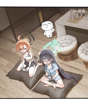 1boy 2girls ahoge aris_(blue_archive) black_shorts blue_archive blue_hair blue_shirt blue_shorts braid camisole closed_eyes crop_top crossed_legs crying doodle_sensei_(blue_archive) flat_chest from_above game_controller hair_between_eyes hair_ornament halo head_bump holding_controller holding_game_controller huge_ahoge indoors long_hair micasa_tto mole mole_under_eye multiple_girls musical_note neru_(blue_archive) open_mouth orange_hair pajamas pillow playing_games sensei_(blue_archive) shirt short_hair short_shorts shorts side_braid sitting sitting_on_pillow smile spoken_musical_note wariza white_camisole