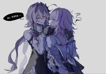 2girls ? ?? black_gloves blush collared_shirt commentary earrings english_text evernight_(honkai:_star_rail) gloves grey_background grey_hair hair_intakes hand_on_another&#039;s_face hand_on_another&#039;s_shoulder hashtag-only_commentary heart heart-shaped_pupils highres honkai:_star_rail honkai_(series) jewelry long_hair march_7th_(honkai:_star_rail) multiple_girls parted_lips pink_hair red_eyes rrkkw1 selfcest shirt simple_background smile speech_bubble symbol-shaped_pupils upper_body white_shirt yuri