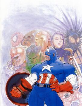 Rule 34 | 1995, 1girl, 6+boys, abs, armor, avengers (series), belt, bengus, blackheart (marvel), blue eyes, bodysuit, captain america, colored skin, gloves, green skin, helmet, hulk, iron man, iron man (series), juggernaut (x-men), lipstick, magneto, makeup, marvel, multiple boys, muscular, official art, pectorals, power suit, psylocke, purple hair, red gloves, retro artstyle, shield, shuma gorath, spider-man, spider-man (series), superhero costume, wolverine (x-men), x-men