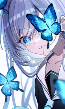 Rule 34 | 1girl, absurdres, black shirt, blue butterfly, blue eyes, bright pupils, bug, butterfly, butterfly-shaped pupils, chromatic aberration, commentary request, grey hair, hair in own mouth, highres, insect, koohii mikan, long hair, looking at viewer, neckerchief, one eye covered, original, parted lips, sailor collar, sailor shirt, school uniform, shirt, simple background, solo, symbol-shaped pupils, upper body, white background, white mouth, white neckerchief, white pupils, white sailor collar