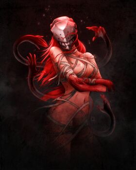 1girl bandages black_background blood blood_on_hands breasts collarbone commentary elfen_lied helmet highres large_breasts long_hair lucy_(elfen_lied) naked_bandage navel nude red_hair ricccardot signature vectors very_long_hair