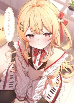 1girl ahoge beamed_eighth_notes between_legs blonde_hair blurry blurry_background brown_dress brown_sailor_collar brown_thighhighs buttons closed_mouth commentary_request double-breasted double-parted_bangs dress eighth_note fortissimo frilled_jacket frills hair_ornament hairclip hand_between_legs highres hololive hololive_dev_is indoors jacket long_hair musical_note musical_note_hair_ornament neck_ribbon no_shoes on_floor one_side_up otonose_kanade otonose_kanade_(1st_costume) paid_reward_available plaid_clothes plaid_dress plant potted_plant red_ribbon ribbon sailor_collar shimo_(shimo332215) shirt sidelocks sitting smile solo speech_bubble thighhighs translation_request virtual_youtuber white_jacket white_shirt