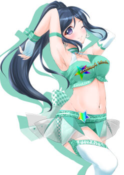 Rule 34 | 1girl, ;), absurdres, anchor earrings, armpits, arms behind head, arms up, back bow, bare shoulders, blue hair, blush, bow, breasts, cleavage, clothes writing, collarbone, colored shadow, commentary request, cowboy shot, crop top, drop shadow, earrings, fingerless gloves, garter straps, gloves, green gloves, green shirt, green shorts, groin, hair between eyes, highres, jewelry, large breasts, long hair, looking at viewer, love live!, love live! school idol festival, love live! school idol festival after school activity, love live! sunshine!!, matsuura kanan, midriff, navel, one eye closed, ponytail, purple eyes, race queen, rapiecage (8107ka), shadow, shirt, short shorts, shorts, showgirl skirt, sidelocks, simple background, smile, solo, standing, thighhighs, white background, white thighhighs, wrist cuffs