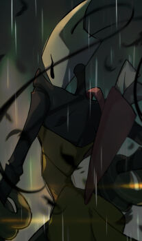 1girl arthropod_girl blurry blurry_background bracelet colored_skin from_behind highres hollow_knight hollow_knight:_silksong jewelry maou_skun rain shakra_(hollow_knight) solo standing