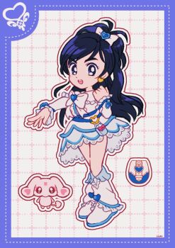 1girl bag_bow belt belt_bag black_eyes black_hair blue_bag blue_belt blue_border border bow bowtie brooch cellphone clenched_hand cure_white deformed determined dot_nose dotted_line dress earrings eyelashes flip_phone frilled_arm_warmers frilled_leg_warmers frilled_sleeves frills full_body futari_wa_precure futari_wa_precure_max_heart gold_earrings grid_background hair_bow hair_ornament heart heart_brooch heart_earrings heart_hair_ornament heart_o-ring high_ponytail highres jewelry lace lace-trimmed_dress lace_trim leg_warmers long_hair looking_at_viewer magical_girl mipple o-ring o-ring_belt open_mouth outline outstretched_arm phone pink_bow ponytail precure shoes short_dress short_ponytail short_sleeves signature solo split_ponytail standing swept_bangs tareme teeth thick_eyebrows two-tone_bag upper_teeth_only uwded_207 very_long_hair white_arm_warmers white_background white_bag white_bow white_bowtie white_dress white_leg_warmers white_outline white_shoes yukishiro_honoka