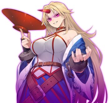 1girl blonde_hair blue_skirt breasts cowboy_shot cuffs cup eho_(icbm) evil_grin evil_smile game_cg glowing glowing_eyes grin holding holding_cup horns hoshiguma_yuugi labyrinth_of_touhou_(series) labyrinth_of_touhou_tri large_breasts long_hair non-web_source official_art oni puffy_short_sleeves puffy_sleeves purple_theme red_eyes red_horns sakazuki shackles shirt short_sleeves single_horn skirt smile solo touhou transparent_background very_long_hair white_shirt