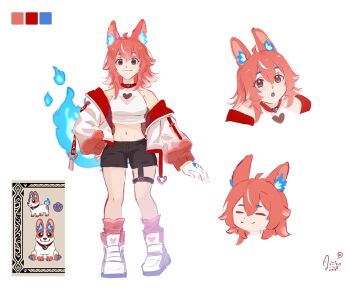 Rule 34 | 1girl, animal collar, animal ear fluff, animal ears, black shorts, blue fire, boots, breasts, brown eyes, collar, colored eyelashes, crop top, dog ears, dog girl, dog tail, fiery ears, fiery tail, fire, genderswap, genderswap (otf), gloves, halter shirt, halterneck, highres, hololive, hololive english, jacket, medium breasts, midriff, open clothes, open jacket, paw chie, personification, red hair, reference inset, rosarian (elizabeth rose bloodflame), shirt, shorts, sleeveless, sleeveless shirt, smile, tail, thigh strap, white boots, white gloves, white jacket, white shirt